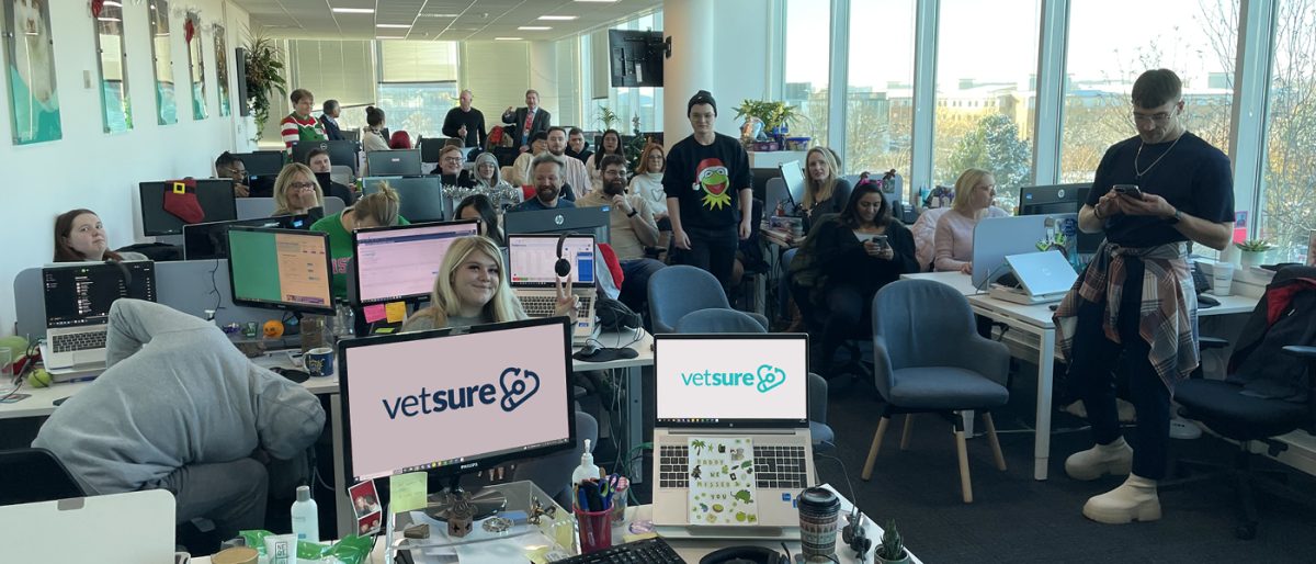 The Vetsure team gather together in their offices. A long office with high windows is filled with staff.